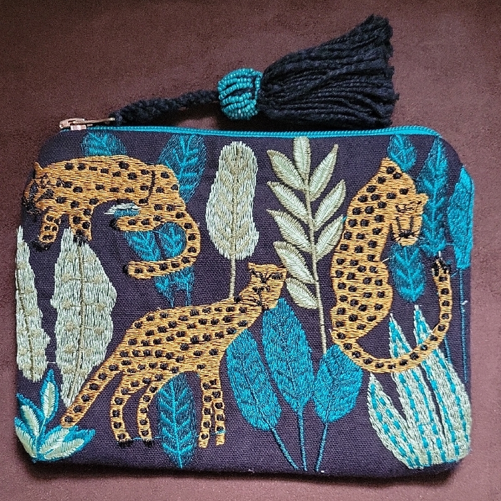 Embroidered Leopard Print Zipper Clutch with Beaded Tassel